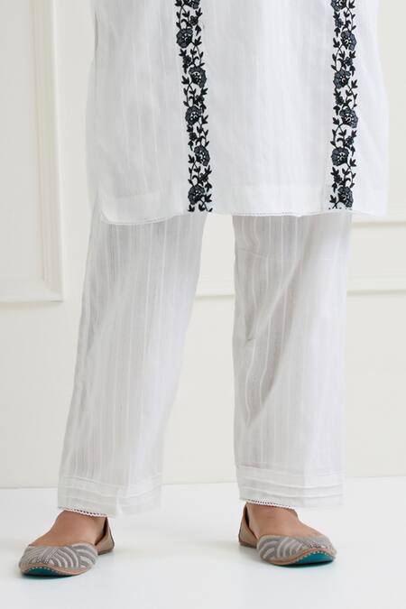 Nemaani Off White Cotton Embroidery Round Neck Floral Thread Kurta Pant Set Online at Aza Fashions Nemaani_Off White Cotton Embroidery Round Neck Floral Thread Kurta Pant Set _Online_at_Aza_Fashions