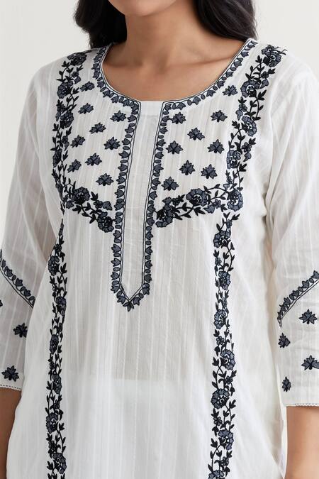 Shop Nemaani Off White Cotton Embroidery Round Neck Floral Thread Kurta Pant Set Online at Aza Fashions Shop_Nemaani_Off White Cotton Embroidery Round Neck Floral Thread Kurta Pant Set _Online_at_Aza_Fashions