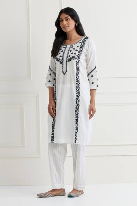 Nemaani Off White Cotton Embroidery Round Neck Floral Thread Kurta Pant Set at Aza Fashions Nemaani_Off White Cotton Embroidery Round Neck Floral Thread Kurta Pant Set _at_Aza_Fashions