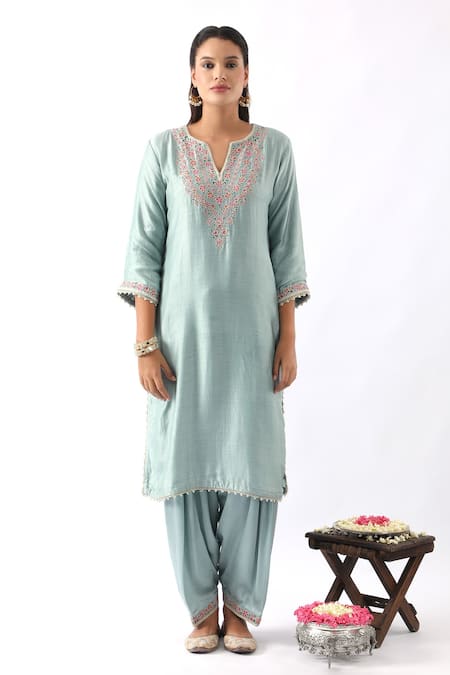 Nemaani_Blue Organza, Modal, Chanderi Silk Embroidery Dori And Thread Kurta Salwar Set _Online_at_Aza_Fashions