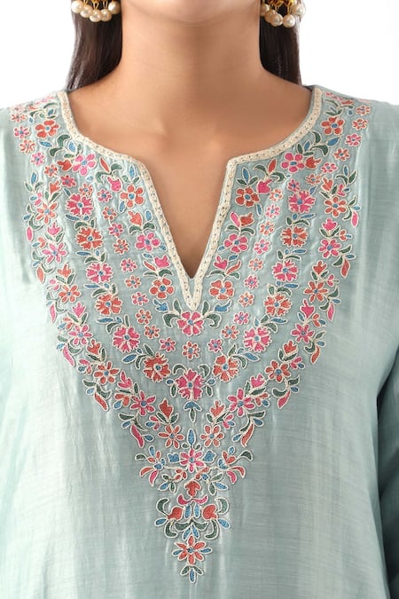 Shop_Nemaani_Blue Organza, Modal, Chanderi Silk Embroidery Dori And Thread Kurta Salwar Set _Online_at_Aza_Fashions