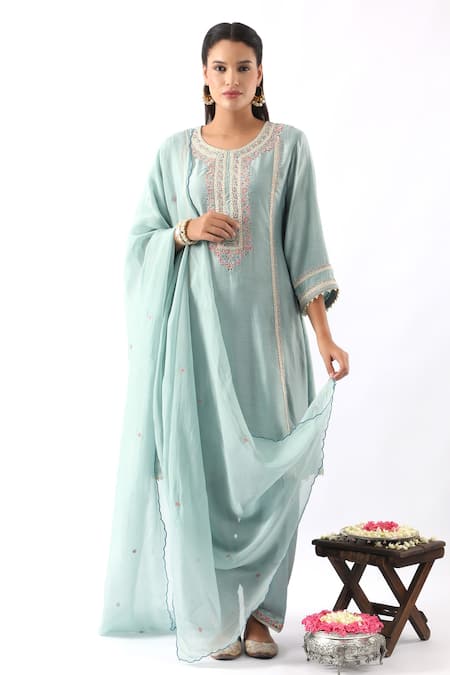 Nemaani Blue Chanderi Silk Embroidery Floral Round Neck Flower Kurta Salwar Set 