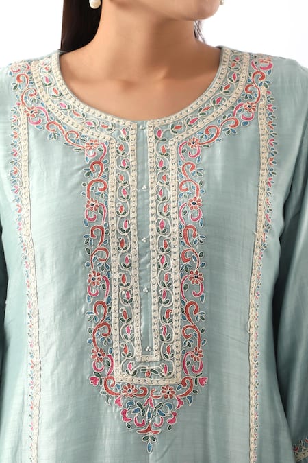 Nemaani_Blue Organza, Chanderi Silk, Modal Embroidery Round Flower Kurta Salwar Set _Online_at_Aza_Fashions