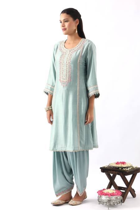 Shop_Nemaani_Blue Organza, Chanderi Silk, Modal Embroidery Round Flower Kurta Salwar Set _Online_at_Aza_Fashions