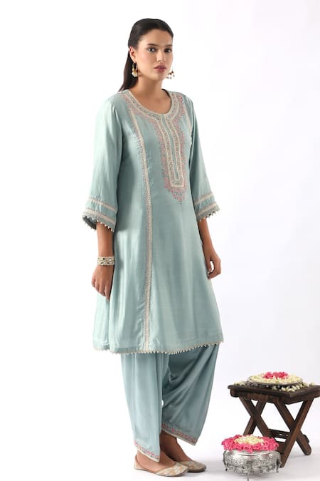 Nemaani_Blue Organza, Chanderi Silk, Modal Embroidery Round Flower Kurta Salwar Set _at_Aza_Fashions