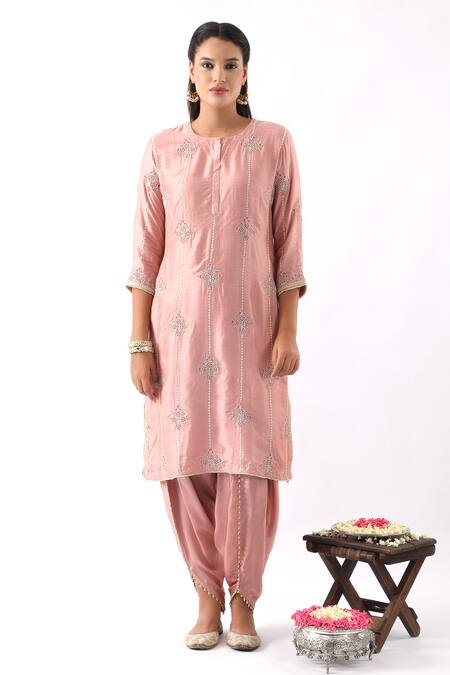 Nemaani_Pink Organza, Modal, Chanderi Silk Embroidery Round Flower Kurta Dhoti Pant Set _Online_at_Aza_Fashions