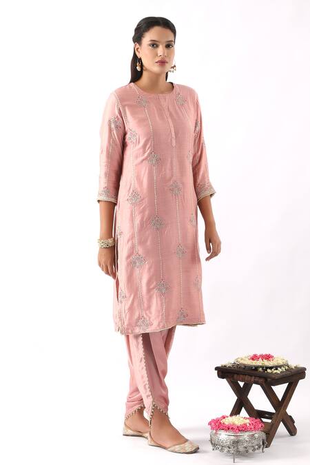 Shop_Nemaani_Pink Organza, Modal, Chanderi Silk Embroidery Round Flower Kurta Dhoti Pant Set _Online_at_Aza_Fashions