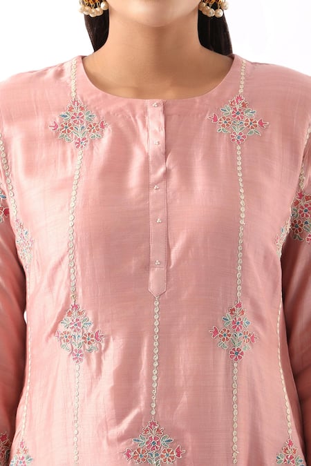 Nemaani_Pink Organza, Modal, Chanderi Silk Embroidery Round Flower Kurta Dhoti Pant Set _at_Aza_Fashions