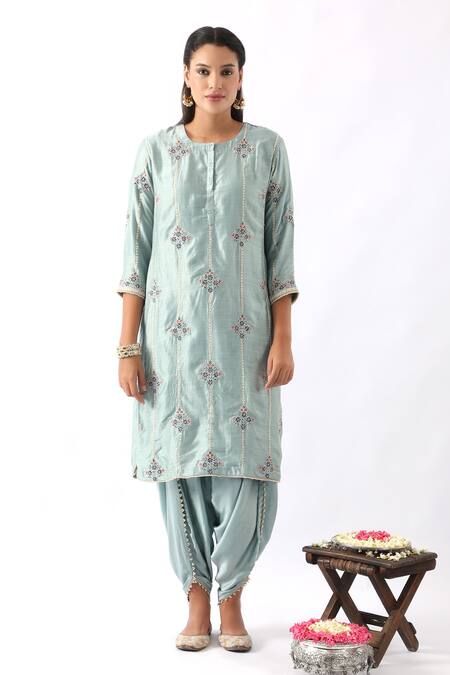 Nemaani_Blue Organza, Modal, Chanderi Silk Flower Blossom Kurta Dhoti Pant Set _Online_at_Aza_Fashions