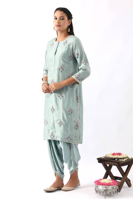 Buy_Nemaani_Blue Organza, Modal, Chanderi Silk Flower Blossom Kurta Dhoti Pant Set _Online_at_Aza_Fashions