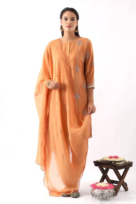 Nemaani Orange Chanderi Silk Embroidery Floral Round Neck Kurta Dhoti Pant Set