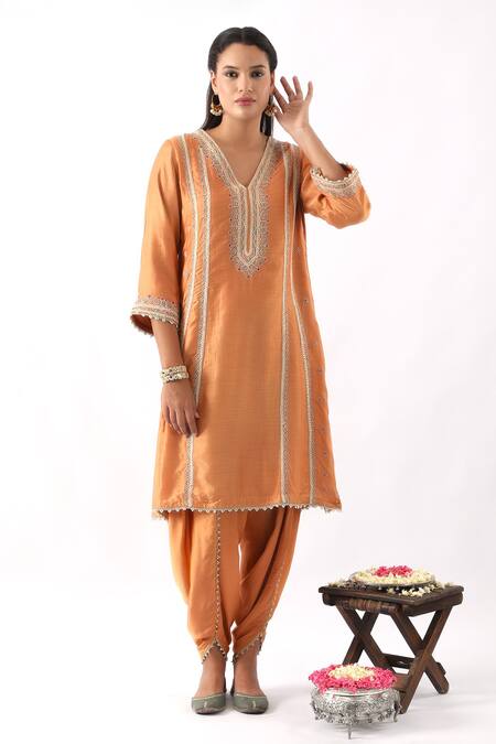 Nemaani_Orange Organza, Modal, Chanderi Silk Floral Dori Kurta Dhoti Pant Set _Online_at_Aza_Fashions