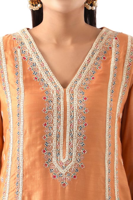 Shop_Nemaani_Orange Organza, Modal, Chanderi Silk Floral Dori Kurta Dhoti Pant Set _Online_at_Aza_Fashions