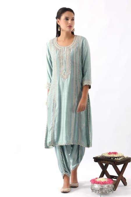 Nemaani_Blue Organza, Modal, Chanderi Silk Miniature Flower Kurta Dhoti Pant Set _Online_at_Aza_Fashions