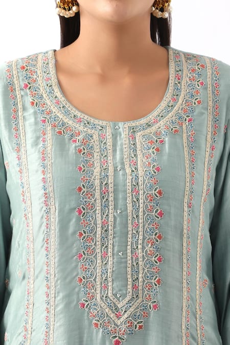 Buy_Nemaani_Blue Organza, Modal, Chanderi Silk Miniature Flower Kurta Dhoti Pant Set _Online_at_Aza_Fashions