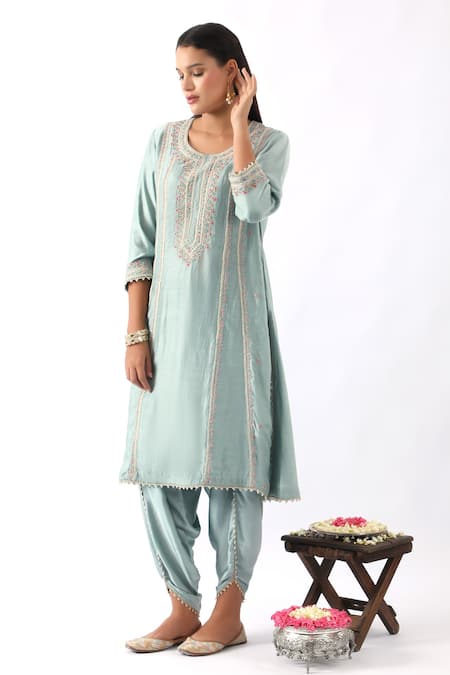 Shop_Nemaani_Blue Organza, Modal, Chanderi Silk Miniature Flower Kurta Dhoti Pant Set _Online_at_Aza_Fashions