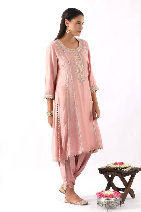Buy_Nemaani_Pink Organza, Modal, Chanderi Silk Miniature Floral Kurta Dhoti Pant Set _Online_at_Aza_Fashions
