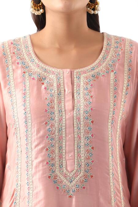 Shop_Nemaani_Pink Organza, Modal, Chanderi Silk Miniature Floral Kurta Dhoti Pant Set _Online_at_Aza_Fashions