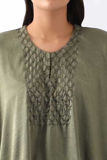 Nemaani_Green Round Neck Embroidered Yoke Kaftan And Dhoti Pant Set _Online_at_Aza_Fashions