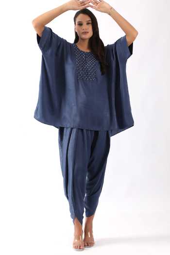 Nemaani Blue Satin Metallic Thread Round Nalki Embroidered Yoke Kaftan With Dhoti Pant Online at Aza Fashions Nemaani_Blue Satin Metallic Thread Round Nalki Embroidered Yoke Kaftan With Dhoti Pant _Online_at_Aza_Fashions