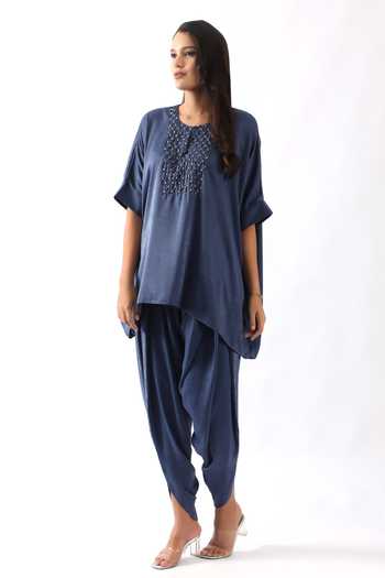 Buy Nemaani Blue Satin Metallic Thread Round Nalki Embroidered Yoke Kaftan With Dhoti Pant Online at Aza Fashions Buy_Nemaani_Blue Satin Metallic Thread Round Nalki Embroidered Yoke Kaftan With Dhoti Pant _Online_at_Aza_Fashions