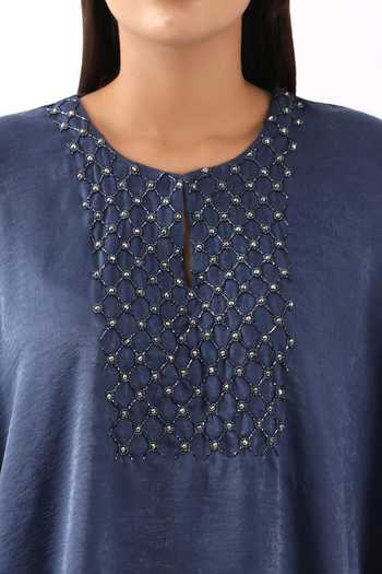 Shop Nemaani Blue Satin Metallic Thread Round Nalki Embroidered Yoke Kaftan With Dhoti Pant Online at Aza Fashions Shop_Nemaani_Blue Satin Metallic Thread Round Nalki Embroidered Yoke Kaftan With Dhoti Pant _Online_at_Aza_Fashions