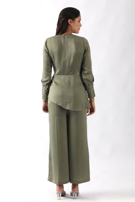 Shop_Nemaani_Green Sandwash Satin Embroidered Cuffs Nalki Round Asymmetric Tunic With Pant _at_Aza_Fashions
