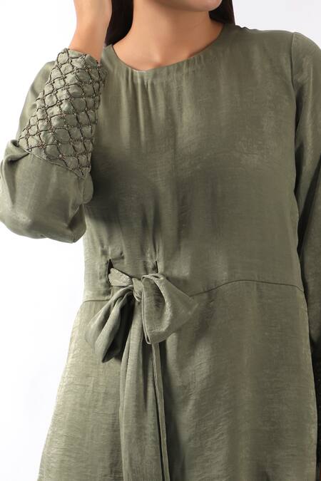 Nemaani_Green Sandwash Satin Embroidered Cuffs Nalki Round Asymmetric Tunic With Pant _Online_at_Aza_Fashions
