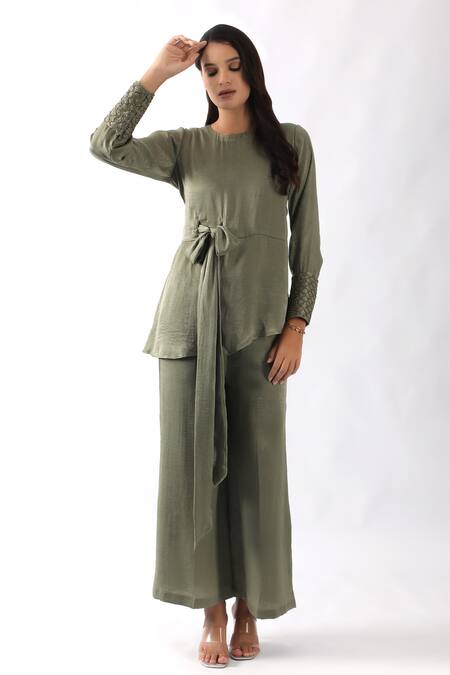 Buy_Nemaani_Green Sandwash Satin Embroidered Cuffs Nalki Round Asymmetric Tunic With Pant _Online_at_Aza_Fashions