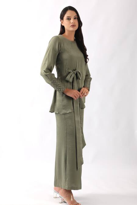 Shop_Nemaani_Green Sandwash Satin Embroidered Cuffs Nalki Round Asymmetric Tunic With Pant _Online_at_Aza_Fashions