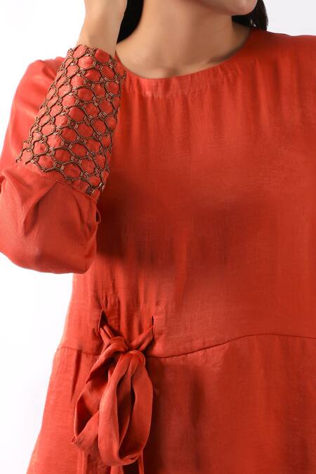 Nemaani_Orange Satin Embroidery Round Neck Asymmetric Hem Tunic With Pant _Online_at_Aza_Fashions