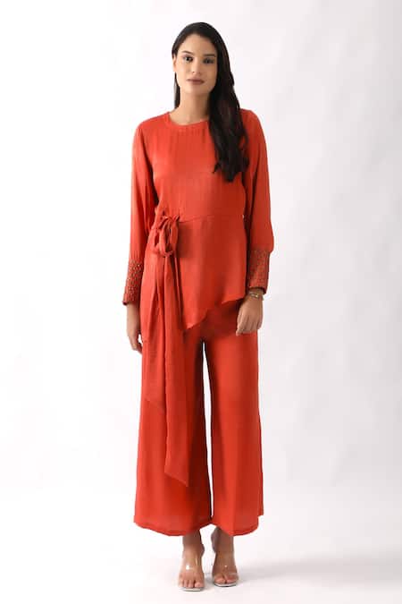 Buy_Nemaani_Orange Satin Embroidery Round Neck Asymmetric Hem Tunic With Pant _Online_at_Aza_Fashions
