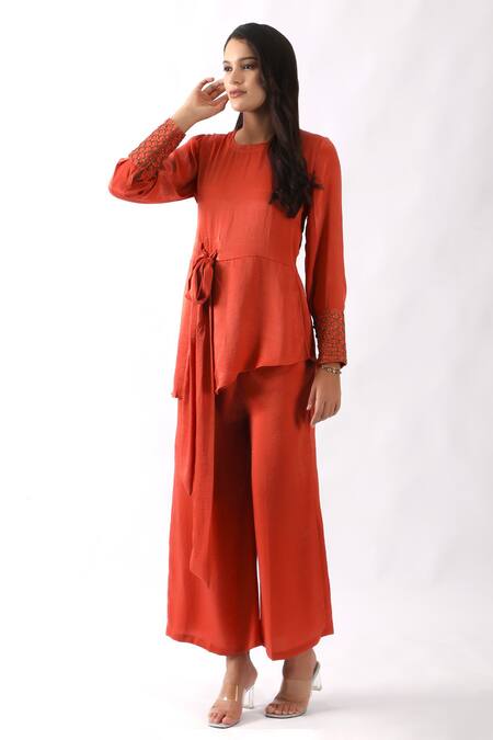 Shop_Nemaani_Orange Satin Embroidery Round Neck Asymmetric Hem Tunic With Pant _Online_at_Aza_Fashions