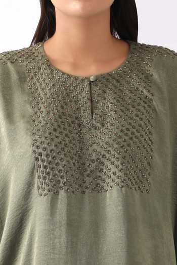 Nemaani_Green Satin Metallic Thread Geometric Embroidered Yoke Kaftan With Dhoti Pant _Online_at_Aza_Fashions