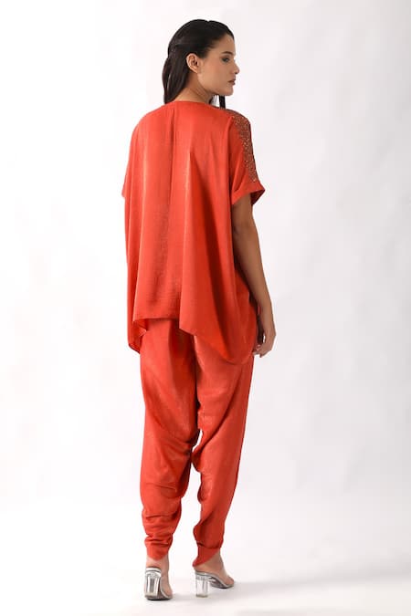 Shop Nemaani Orange Satin Metallic Geometric Nalki Embroidered Yoke Kaftan With Dhoti Pant at Aza Fashions Shop_Nemaani_Orange Satin Metallic Geometric Nalki Embroidered Yoke Kaftan With Dhoti Pant _at_Aza_Fashions