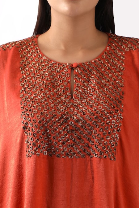 Nemaani Orange Satin Metallic Geometric Nalki Embroidered Yoke Kaftan With Dhoti Pant Online at Aza Fashions Nemaani_Orange Satin Metallic Geometric Nalki Embroidered Yoke Kaftan With Dhoti Pant _Online_at_Aza_Fashions