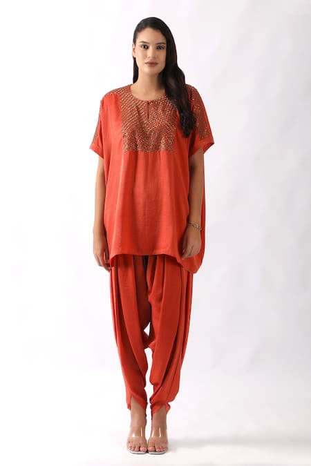 Buy Nemaani Orange Satin Metallic Geometric Nalki Embroidered Yoke Kaftan With Dhoti Pant Online at Aza Fashions Buy_Nemaani_Orange Satin Metallic Geometric Nalki Embroidered Yoke Kaftan With Dhoti Pant _Online_at_Aza_Fashions