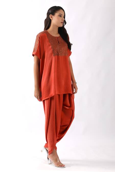 Shop Nemaani Orange Satin Metallic Geometric Nalki Embroidered Yoke Kaftan With Dhoti Pant Online at Aza Fashions Shop_Nemaani_Orange Satin Metallic Geometric Nalki Embroidered Yoke Kaftan With Dhoti Pant _Online_at_Aza_Fashions