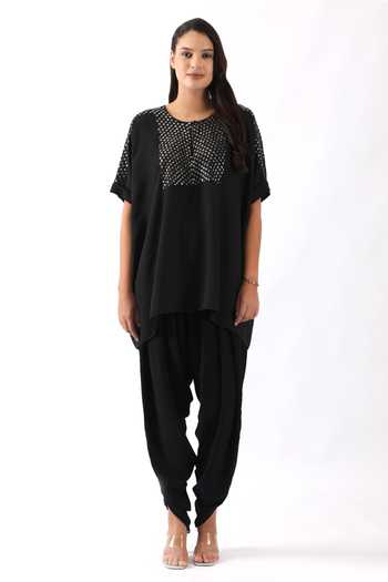 Nemaani_Black Georgette Embroidery Round Neck Nalki And Moti Yoke Kaftan With Dhoti Pant _Online_at_Aza_Fashions