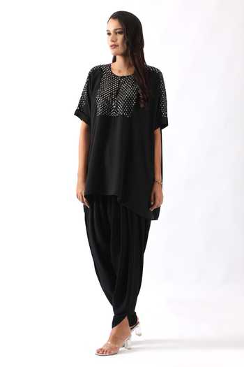 Buy_Nemaani_Black Georgette Embroidery Round Neck Nalki And Moti Yoke Kaftan With Dhoti Pant _Online_at_Aza_Fashions