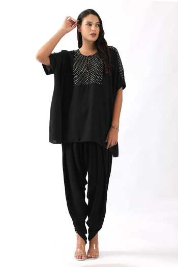 Shop_Nemaani_Black Georgette Embroidery Round Neck Nalki And Moti Yoke Kaftan With Dhoti Pant _Online_at_Aza_Fashions