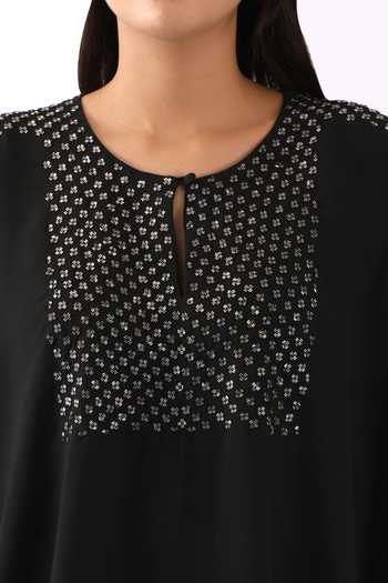 Nemaani_Black Georgette Embroidery Round Neck Nalki And Moti Yoke Kaftan With Dhoti Pant _at_Aza_Fashions