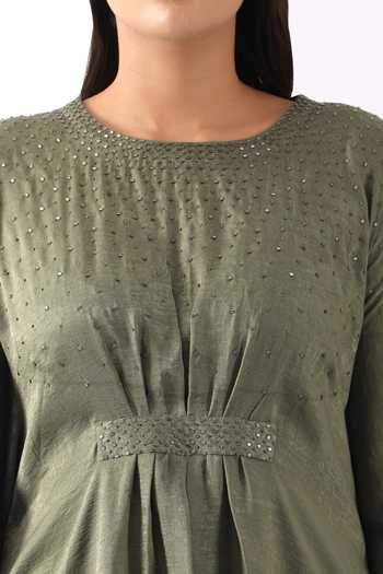Nemaani_Green Satin Metallic Thread Nalki Embroidered Bodice Kaftan With Dhoti Pant _Online_at_Aza_Fashions