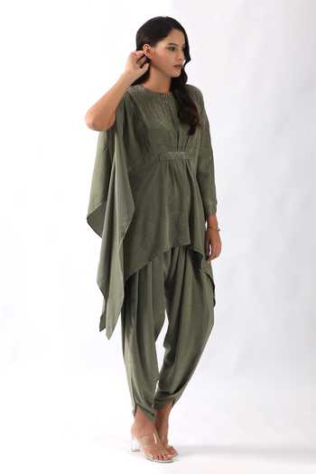 Shop_Nemaani_Green Satin Metallic Thread Nalki Embroidered Bodice Kaftan With Dhoti Pant _Online_at_Aza_Fashions