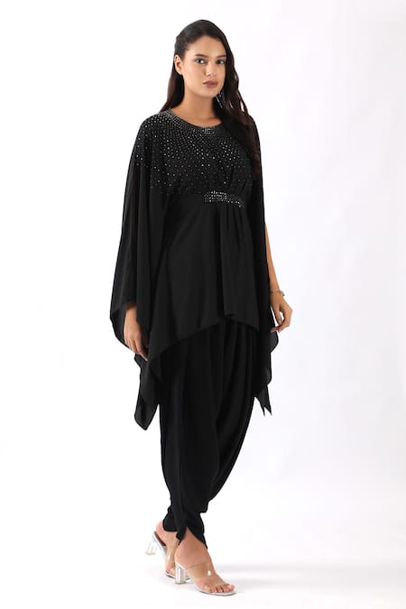 Nemaani_Black Georgette Embroidery Round Neck Moti Bodice Kaftan With Dhoti Pant _Online_at_Aza_Fashions