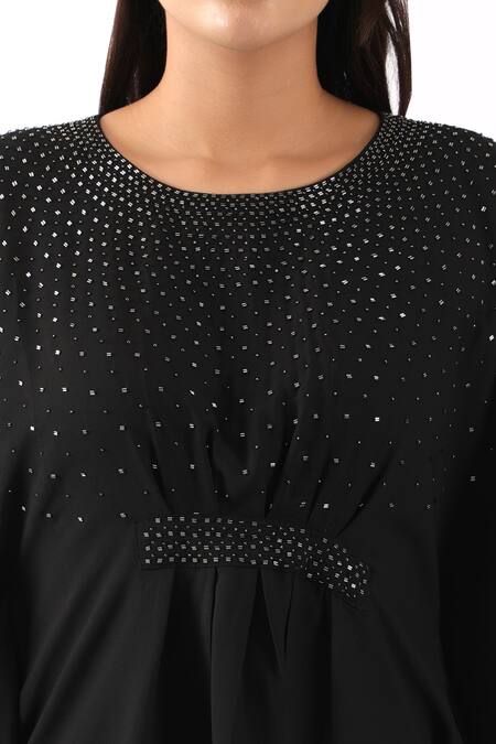 Buy_Nemaani_Black Georgette Embroidery Round Neck Moti Bodice Kaftan With Dhoti Pant _Online_at_Aza_Fashions