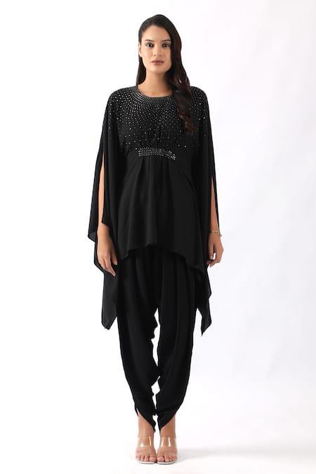 Shop_Nemaani_Black Georgette Embroidery Round Neck Moti Bodice Kaftan With Dhoti Pant _Online_at_Aza_Fashions