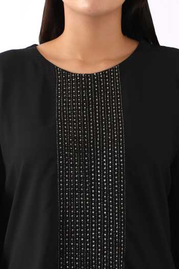 Nemaani Black Georgette Metallic Thread Nalki Embroidered Placket Kaftan With Dhoti Pant Online at Aza Fashions Nemaani_Black Georgette Metallic Thread Nalki Embroidered Placket Kaftan With Dhoti Pant _Online_at_Aza_Fashions
