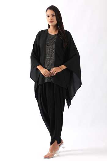 Shop Nemaani Black Georgette Metallic Thread Nalki Embroidered Placket Kaftan With Dhoti Pant Online at Aza Fashions Shop_Nemaani_Black Georgette Metallic Thread Nalki Embroidered Placket Kaftan With Dhoti Pant _Online_at_Aza_Fashions