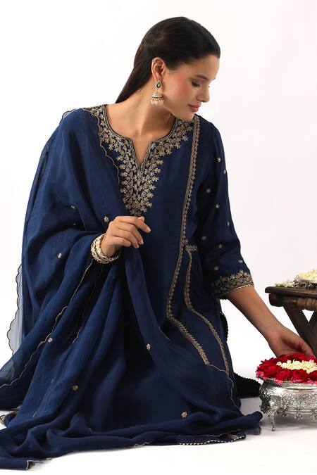 Shop_Nemaani_Blue Organza, Modal, Silk Cut Work, Sequins, Tulip Bloom Dori Kurta Set _Online_at_Aza_Fashions